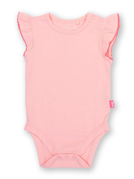 Pink baby bodysuit with ruffled sleeves on a white background