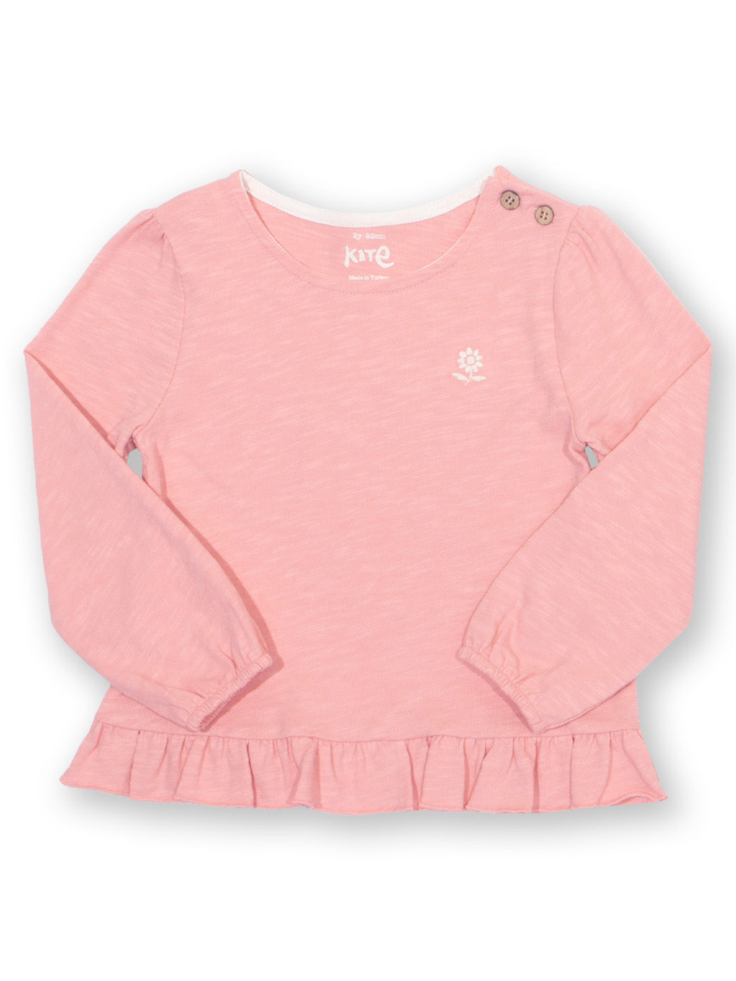 Pink long-sleeve top with an embroidered flower on front
