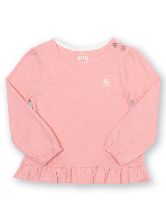 Pink long-sleeve top with an embroidered flower on front
