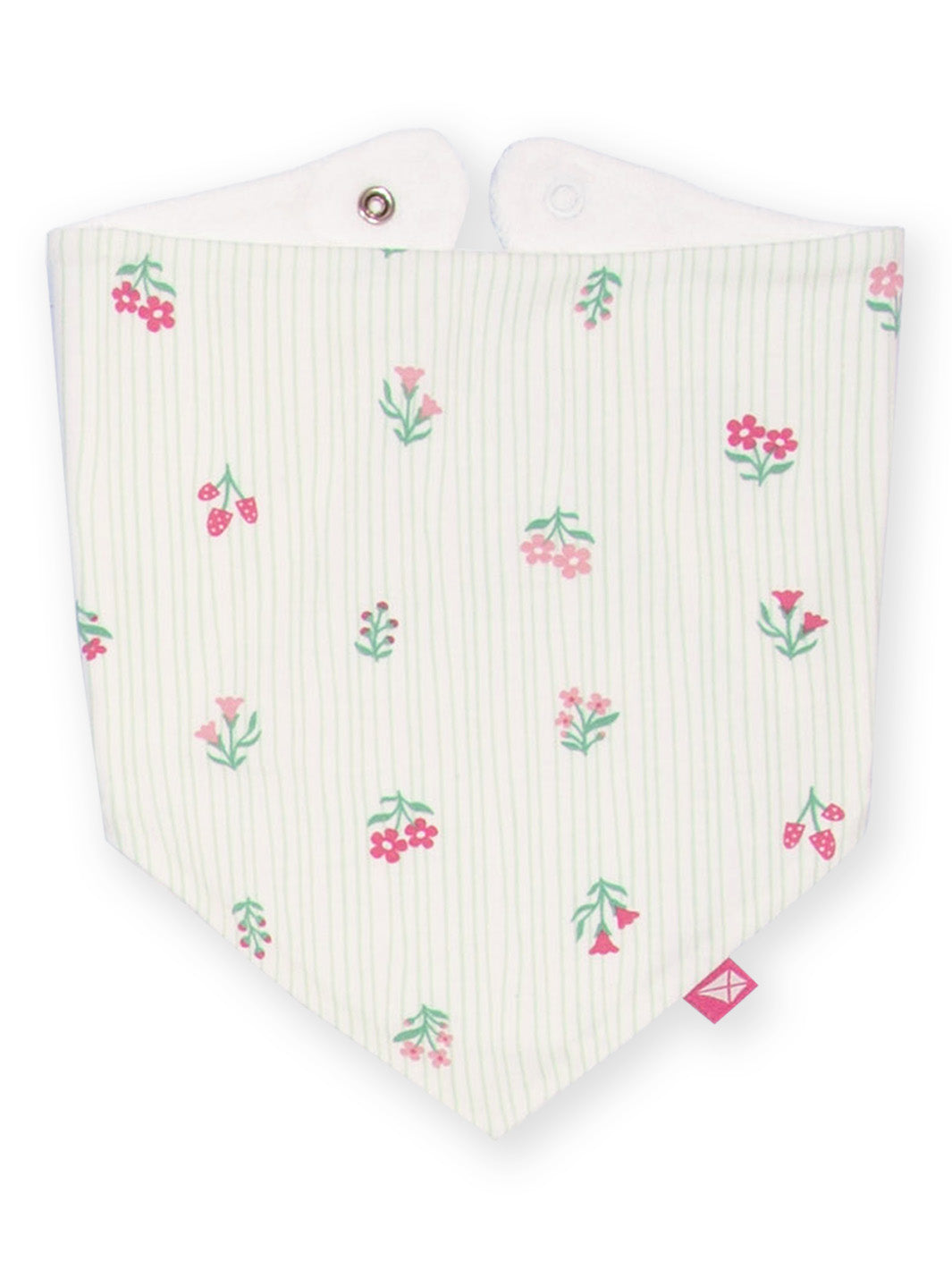 A baby bib with a cream and white vertical stripe pattern, decorated with small pink cherry blossoms and green leaves. The bib features a white interior lining with snap closures at the top and a small pink brand tag near the bottom right corner.