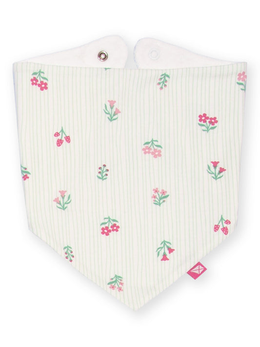 A baby bib with a cream and white vertical stripe pattern, decorated with small pink cherry blossoms and green leaves. The bib features a white interior lining with snap closures at the top and a small pink brand tag near the bottom right corner.