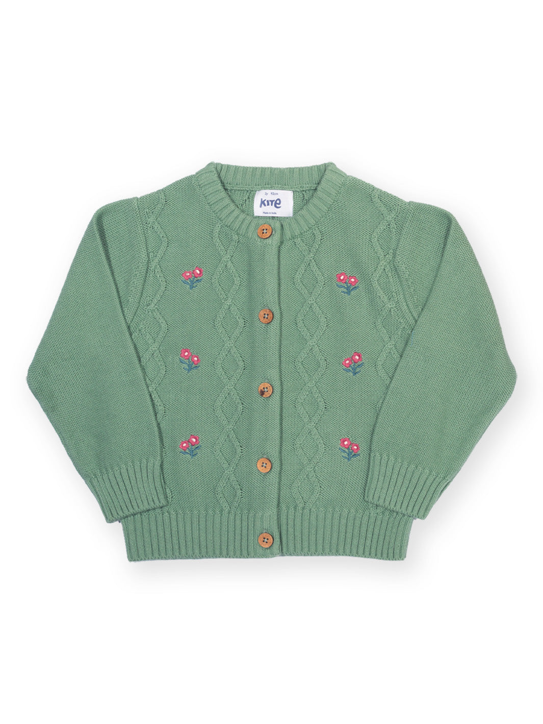 Children's organic cotton cardigan in olive green with embroidered flowers.

Girls clothing
Children's clothing
Cardi
Floral
Organic cotton 
Kite clothing