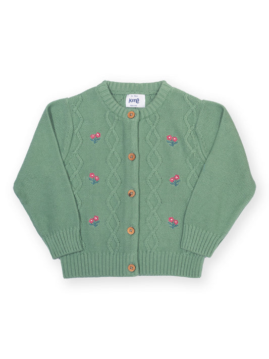 Children's organic cotton cardigan in olive green with embroidered flowers.

Girls clothing
Children's clothing
Cardi
Floral
Organic cotton 
Kite clothing