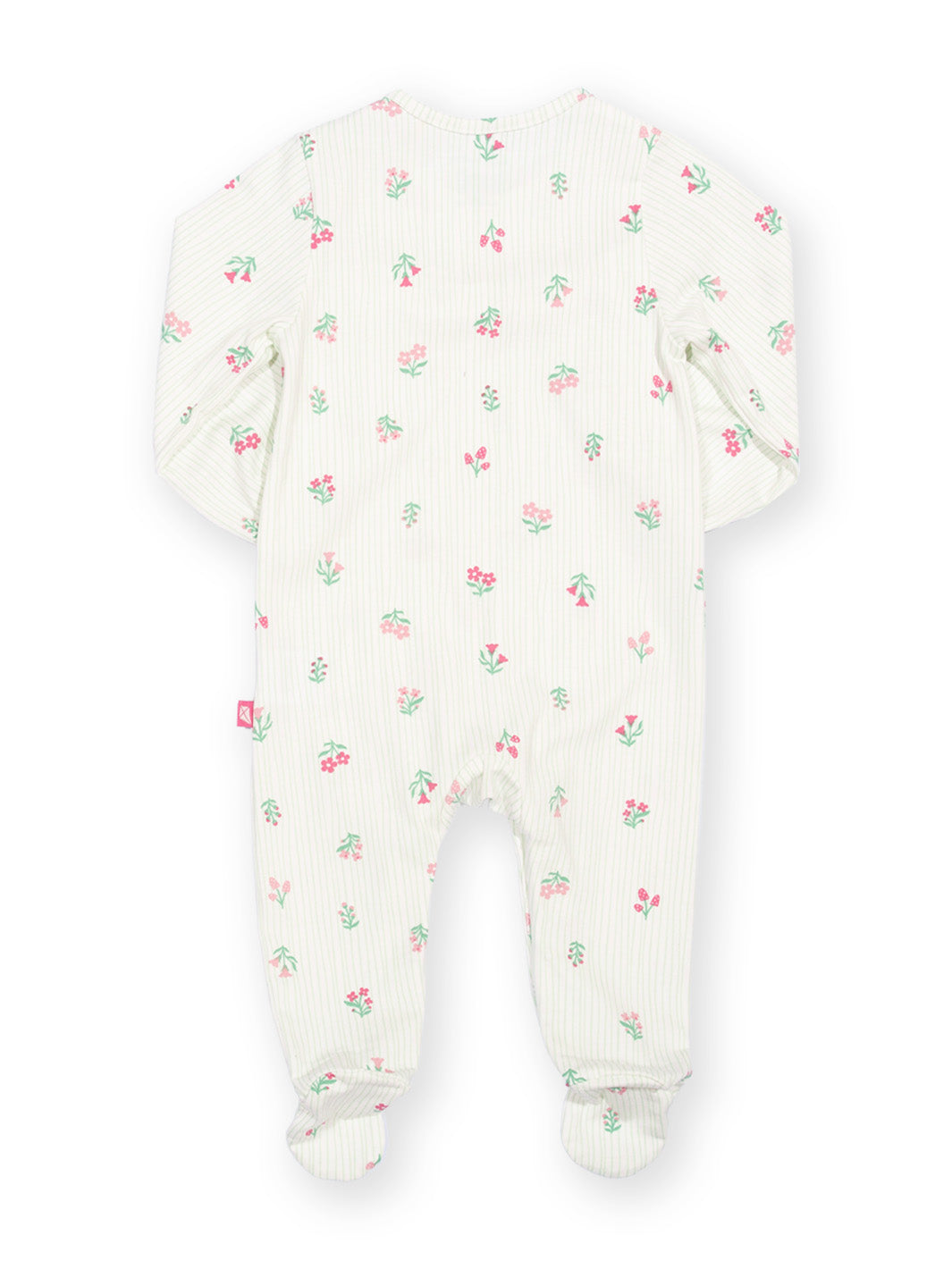 A baby footed one-piece sleeper in a cream ribbed fabric with a small pink and green floral pattern, shown from the back on a white background.

Organic cotton sleepsuit
New baby 
New baby gift
Organic cotton 
Baby clothing 
Sleepsuit
Onesie 
Baby girl
Kite Clothing