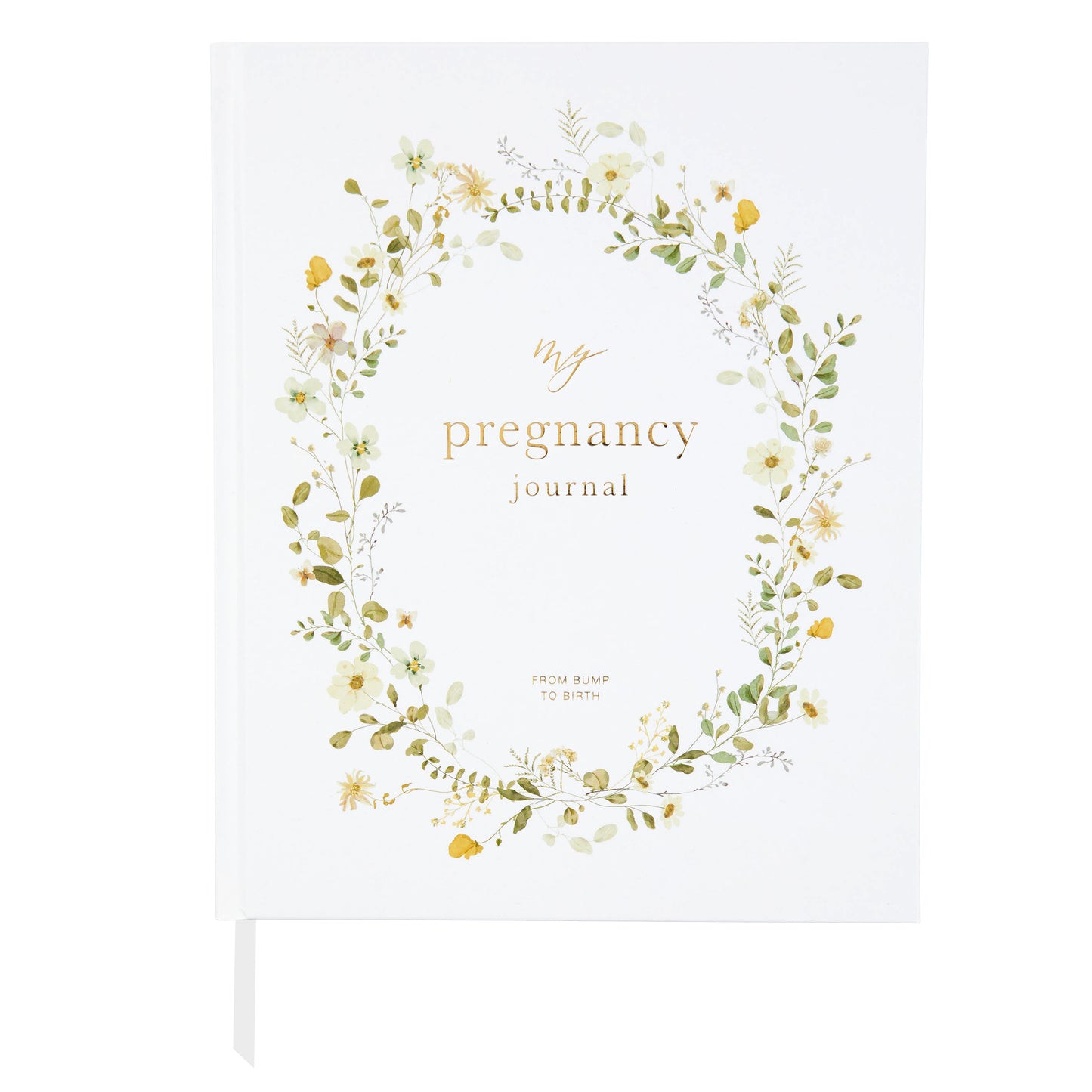 Pregnancy journal with floral design and text on a white background