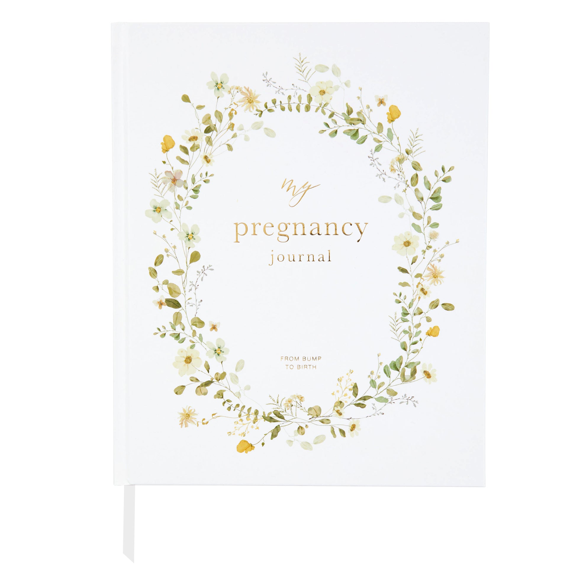 Pregnancy journal with floral design and text on a white background