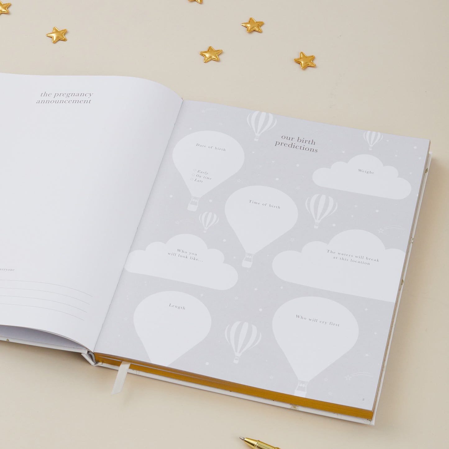 Open Pregnancy Journal  with cloud and heart illustrations on a beige background