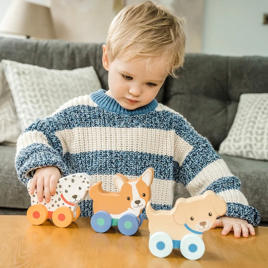 Child playing with wooden push toys in a puppy theme 