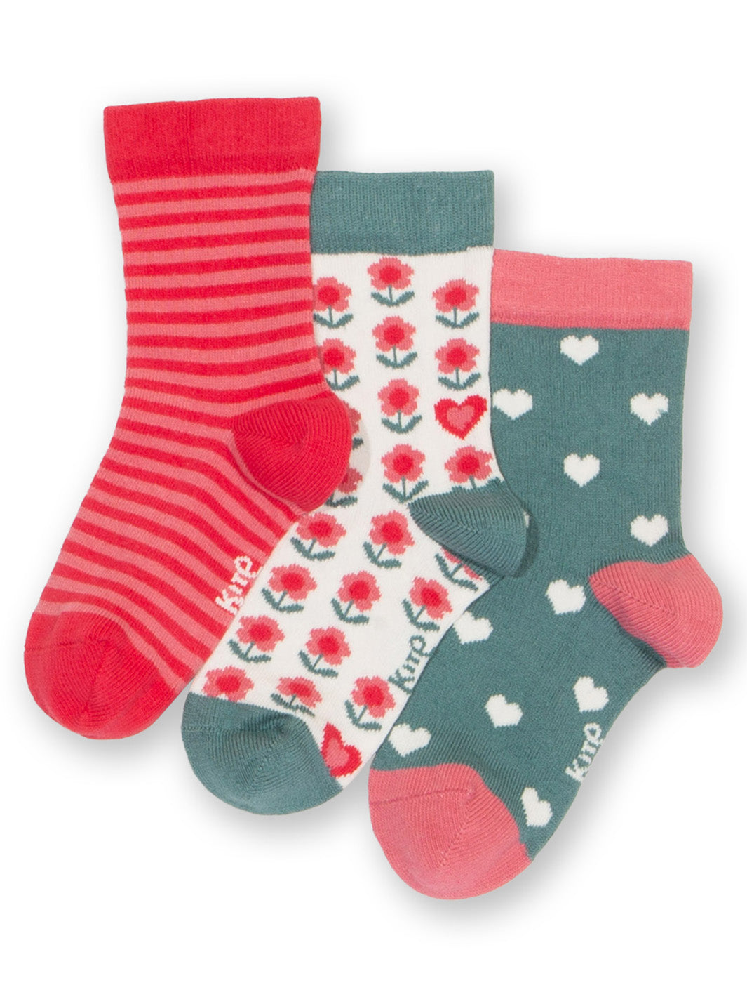 Set of three children's socks with different patterns on a white background. Designs include flowers, hearts and stripes