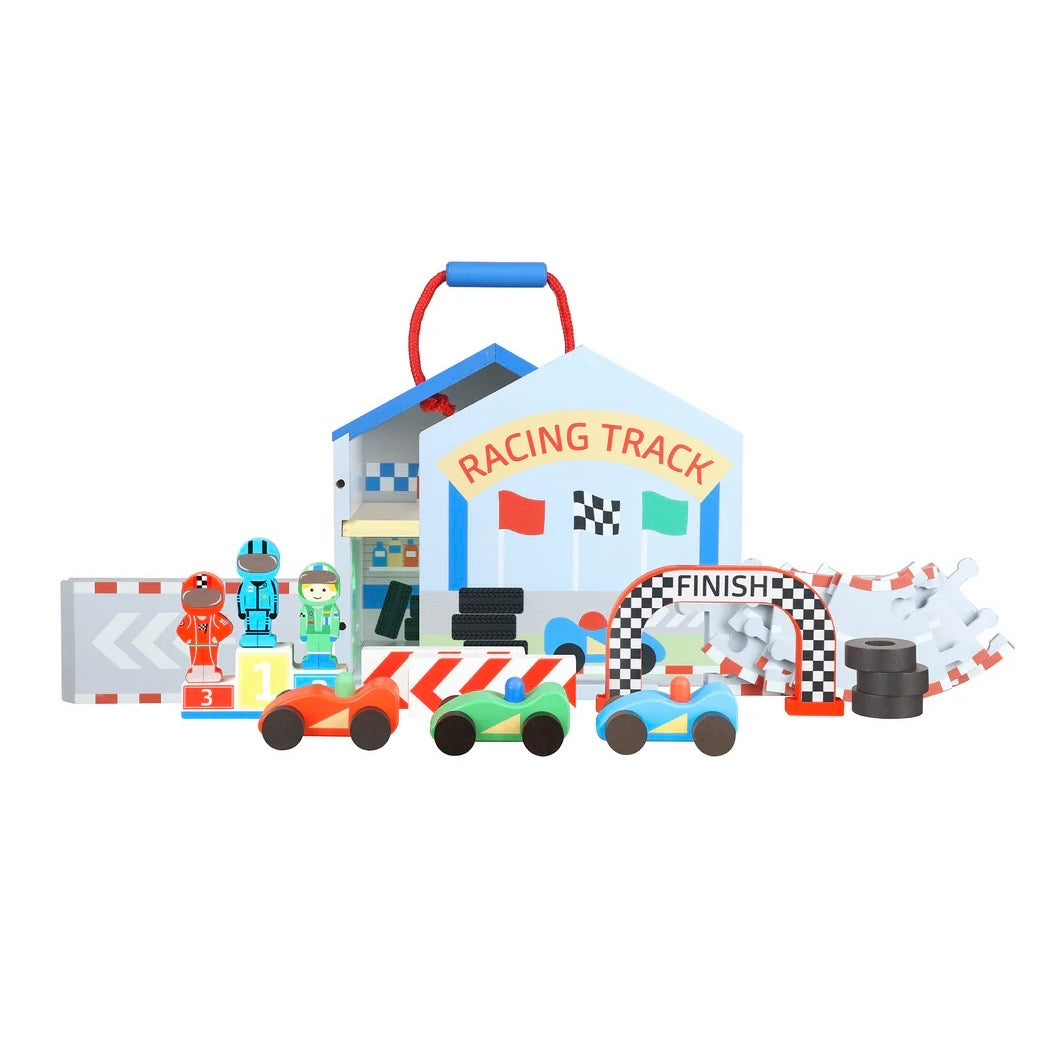 Image shows everything that comes inside our Racing Track Play Set 