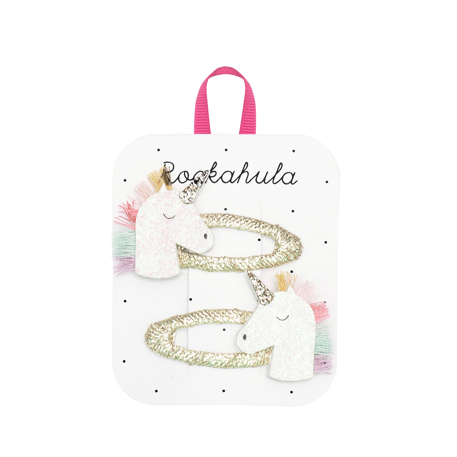 Set of two Rainbow Unicorn Hair Clips for children. Displayed on a white card