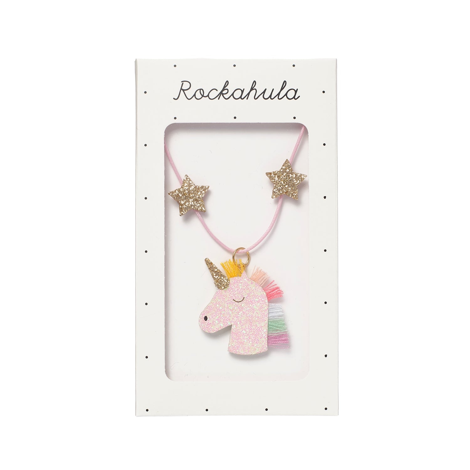 Unicorn necklace with stars on a Rockahula branded card