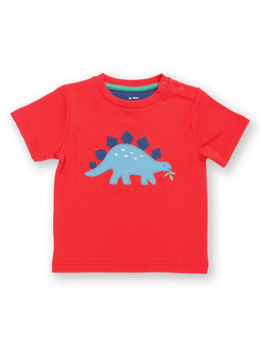 Red t-shirt with a blue dinosaur graphic on a white background