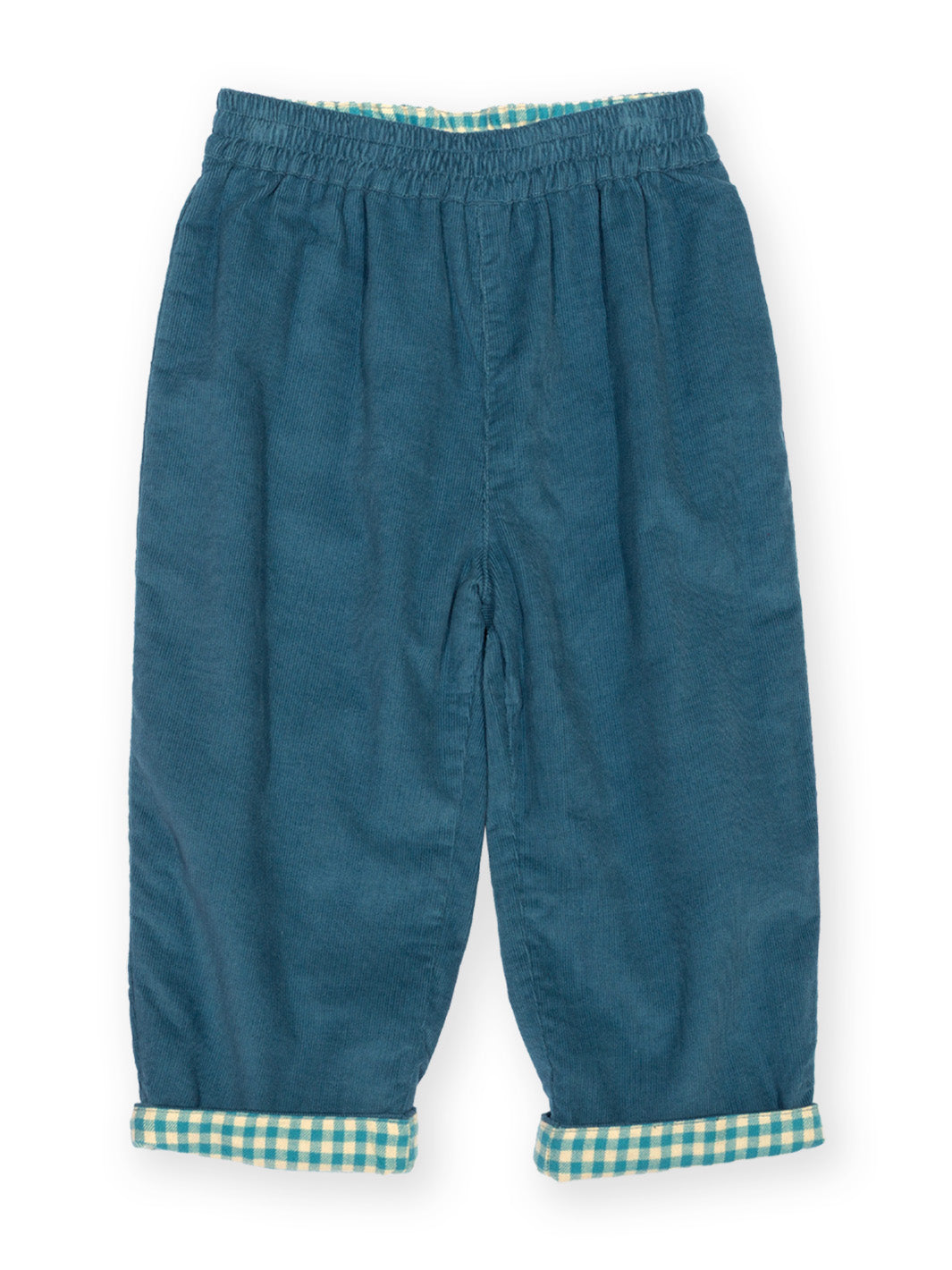 A pair of toddler's blue corduroy pants with a green and white gingham check lining at the cuffs and waistband, shown flat on a white background.

Organic cotton
Reversible 
Check
GOTS Certified 
Boys clothing
Gender neutral clothing 
Children's clothing 