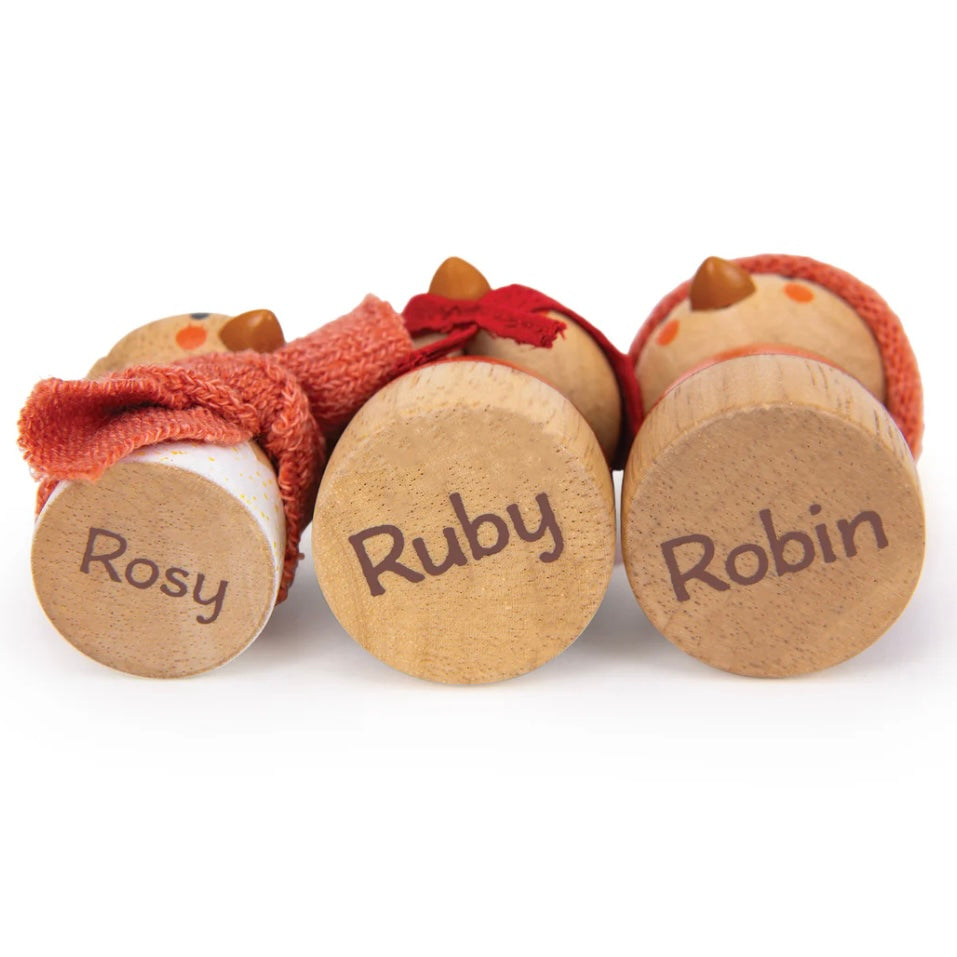 Rosy, Ruby & Robin our wooden robin figures that match with our Robins Nest Box