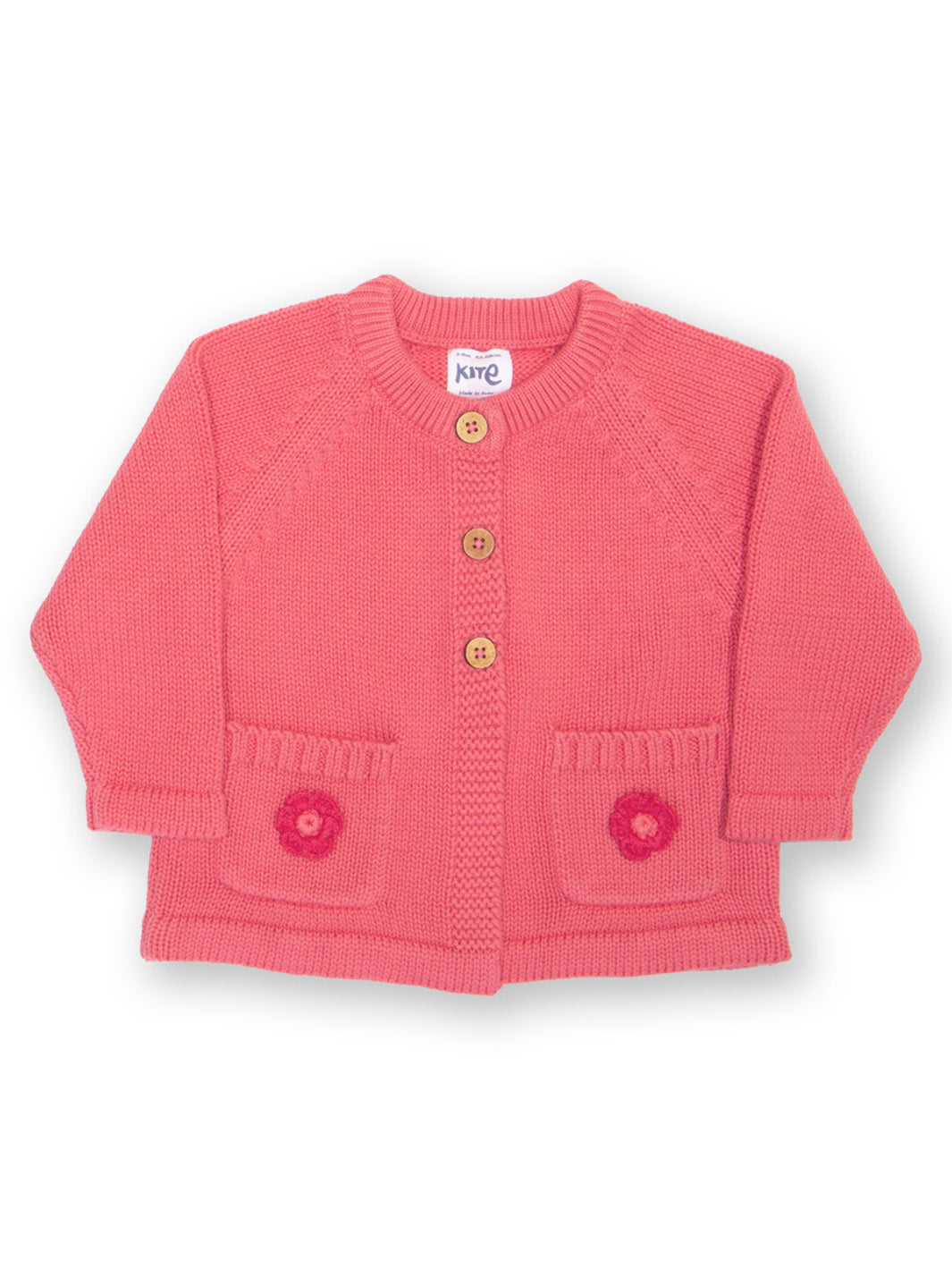 Baby cardigan, made from organic cotton. Rose pink with rose embroidered flowers on the pockets 