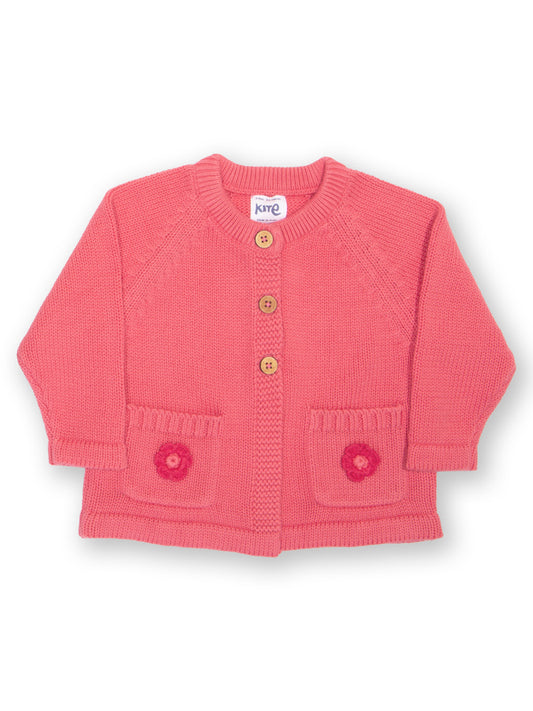 Baby cardigan, made from organic cotton. Rose pink with rose embroidered flowers on the pockets 