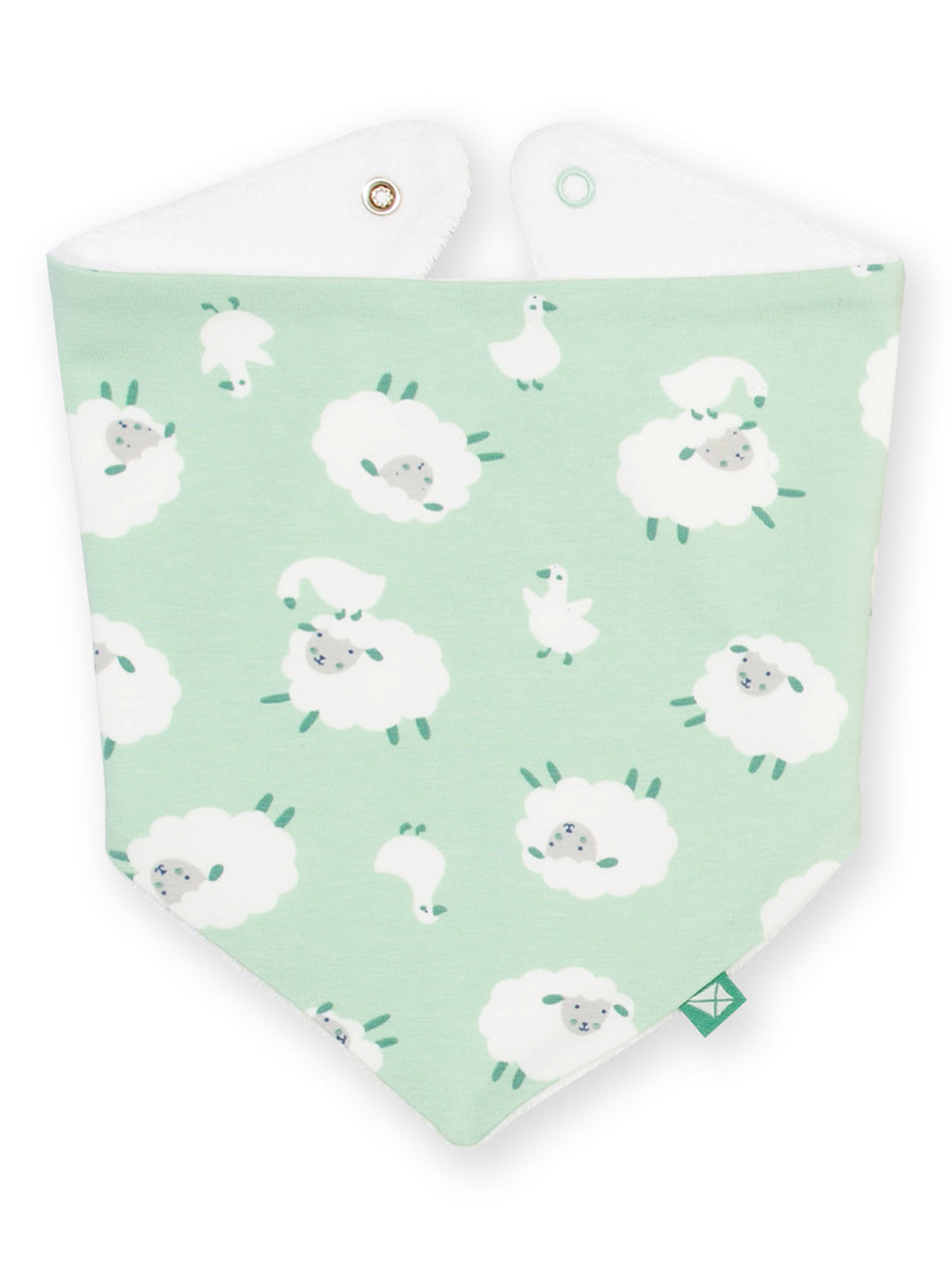 Baby bib with white sheep pattern on a green background