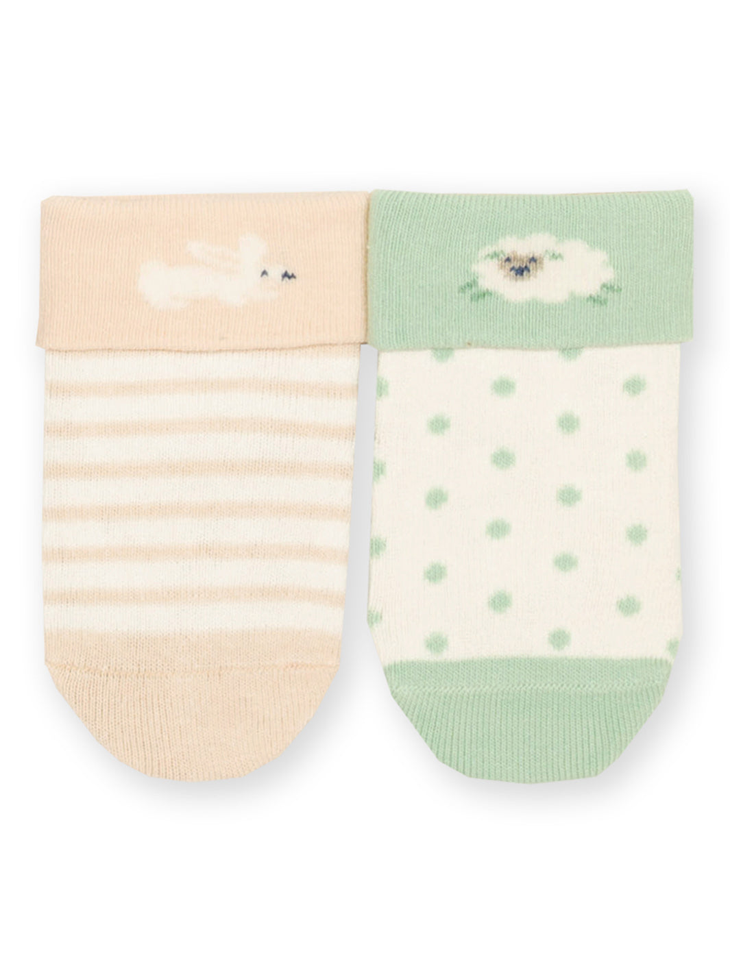 Two baby socks with striped and polka dot patterns on a white background
Feating sheep and bunny's on the socks 