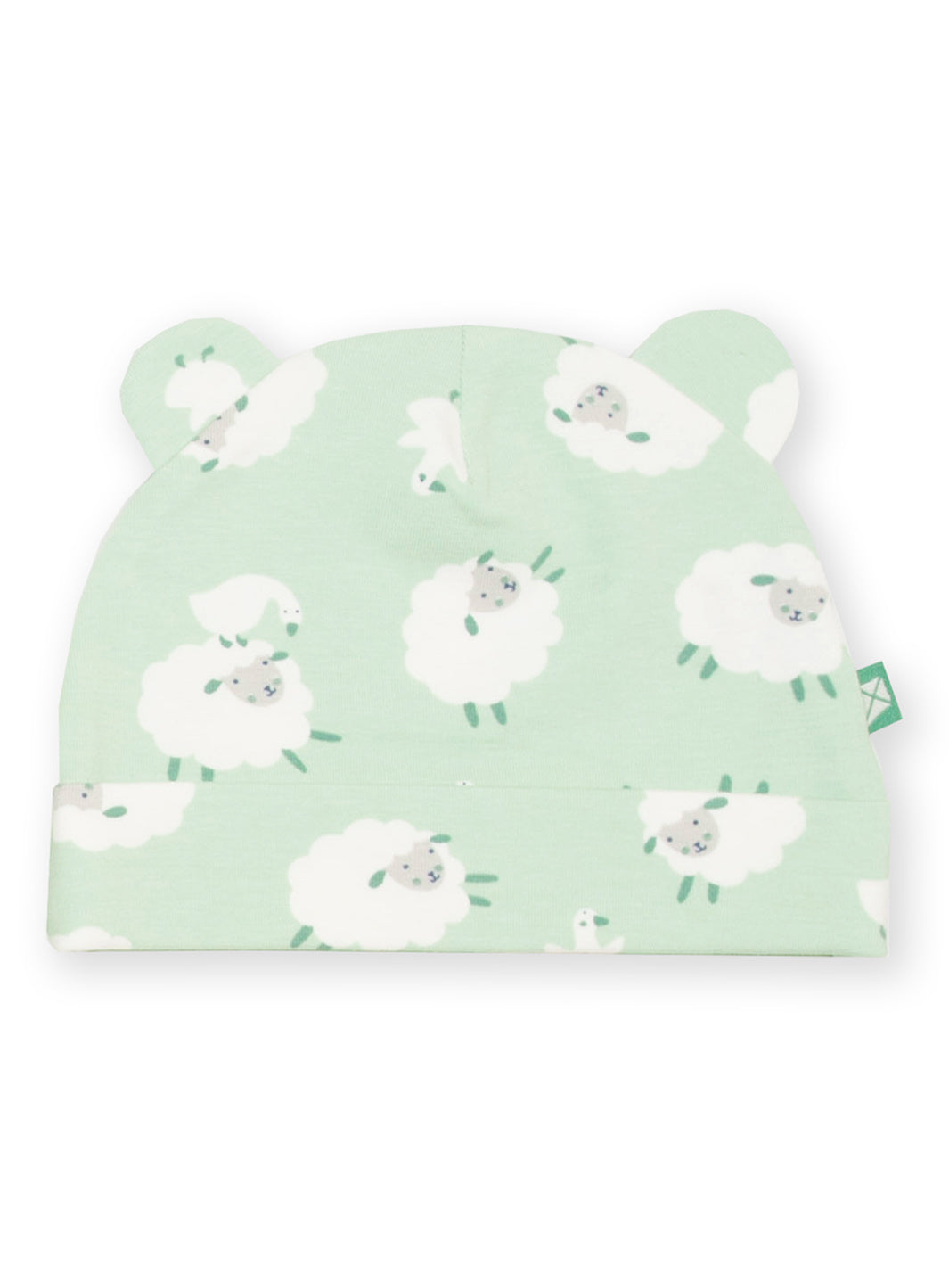 Green baby hat with white sheep pattern on a white background