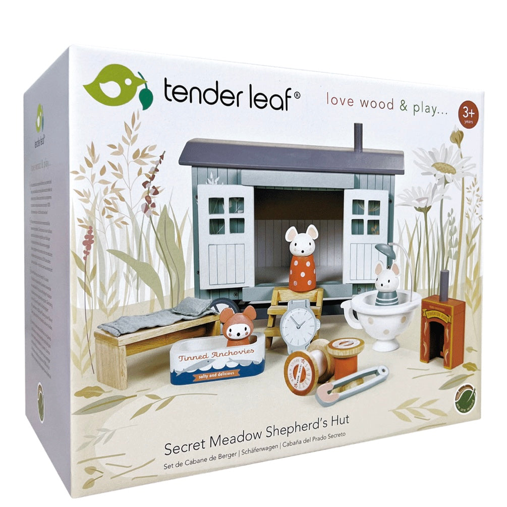 Colourful box displaying our wooden Shepherds Hut play set for children 
Made from sustainable wood 