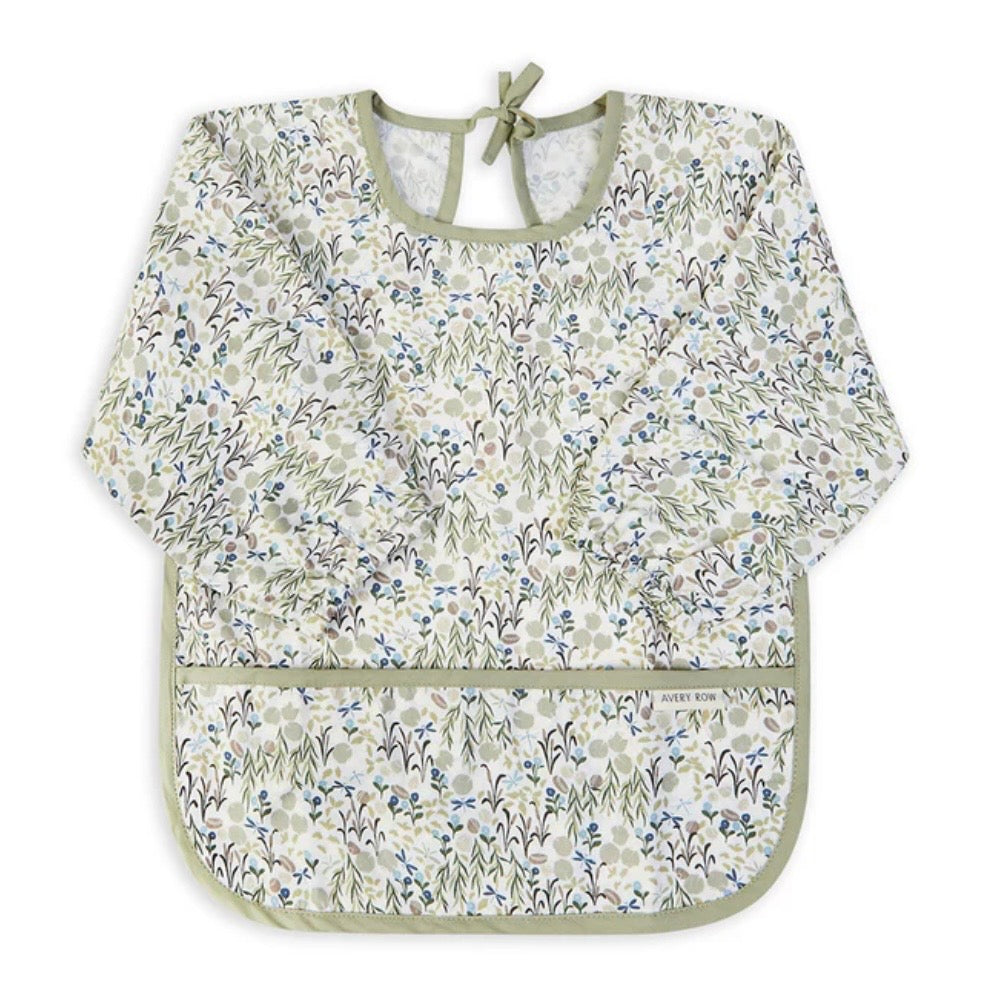 Floral patterned sleeved bib on a white background