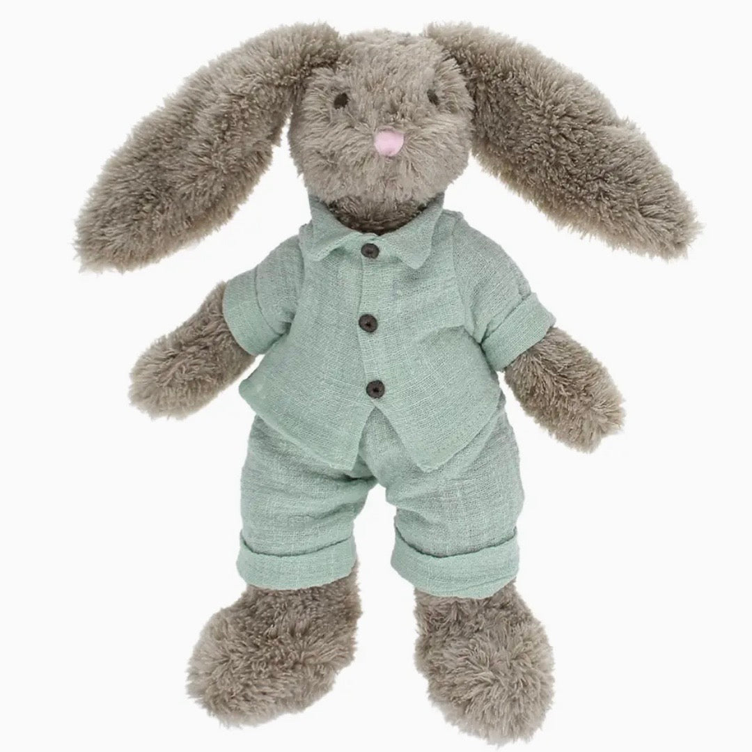 A plush stuffed bunny toy with long gray ears, a pink nose, and a mint green short-sleeve button-front outfit, photographed against a plain white background.

cuddly toy rabbit, soft toy for babies, bunny stuffed animal, nursery plush toy, newborn gift toy, Easter bunny plush, comforter toy, huggable toy for toddlers, baby shower gift, keepsake soft toy, rabbit plushie, boys soft toy