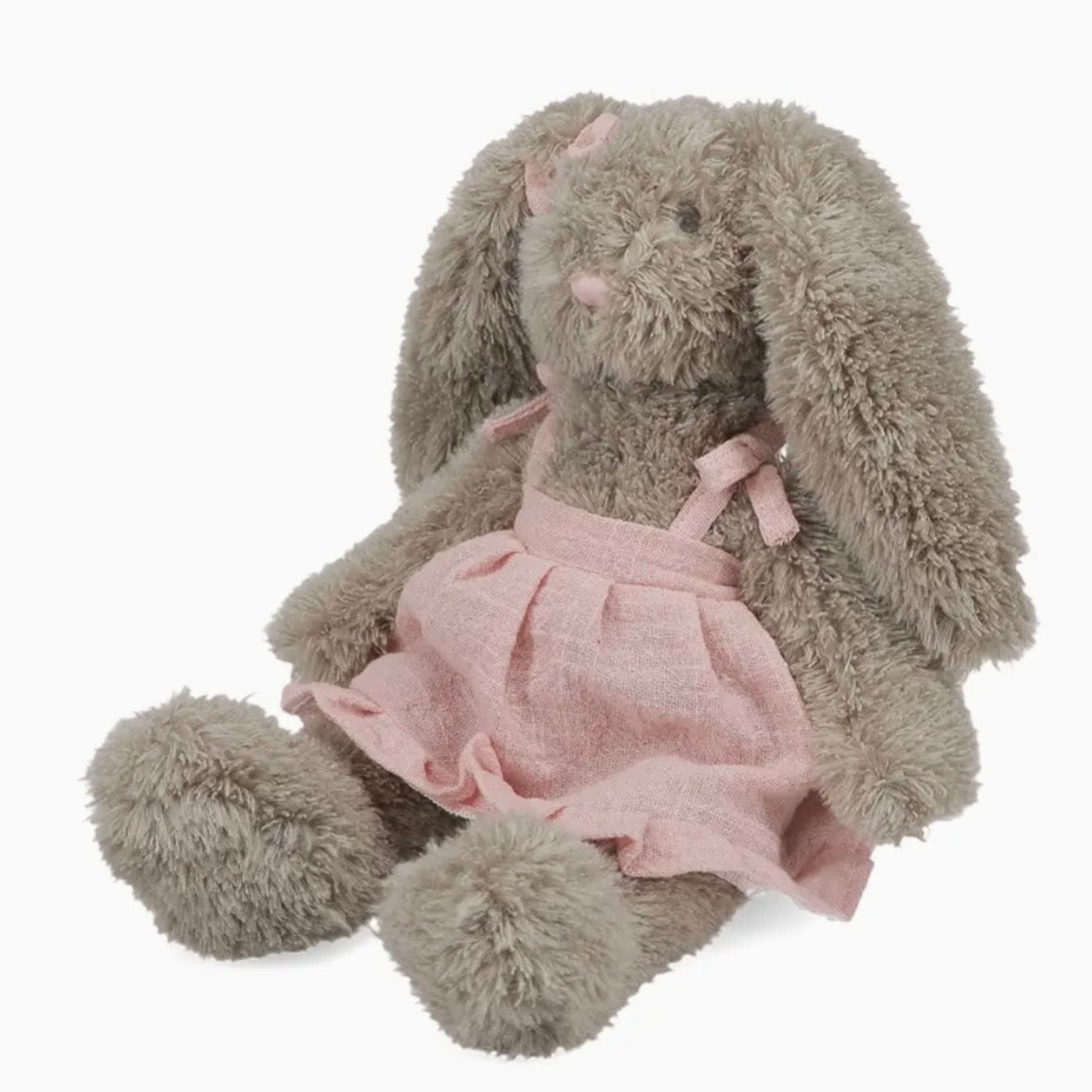A plush stuffed bunny toy in soft taupe-gray fur, wearing a dusty pink dress with shoulder straps and a small pink bow, photographed on a clean white background.

cuddly toy rabbit, soft toy for girls, bunny stuffed animal, nursery plush toy, Easter bunny plush, comforter toy, huggable toy for toddlers, baby shower gift, keepsake soft toy, rabbit plushie, dressed bunny toy