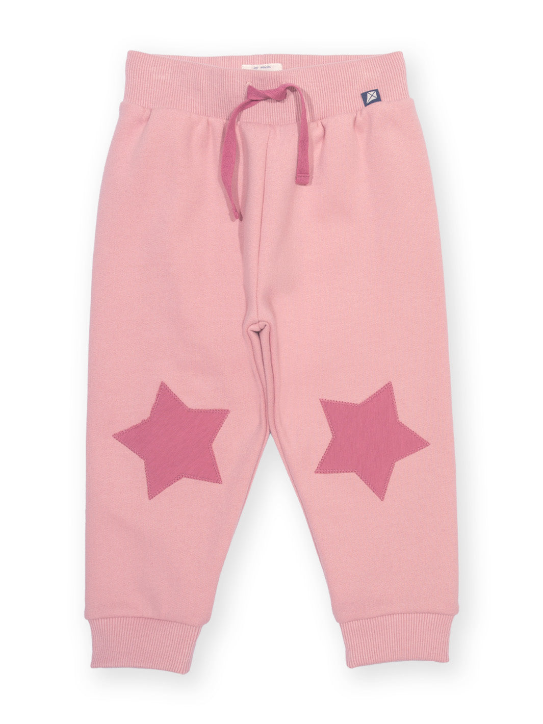 Pink jogger pants with a drawstring waist and two large pink star patches on the lower legs, shown flat on a white background.

Children's clothing
Organic cotton 
Kids clothing
Kite clothing
Joggers
Star