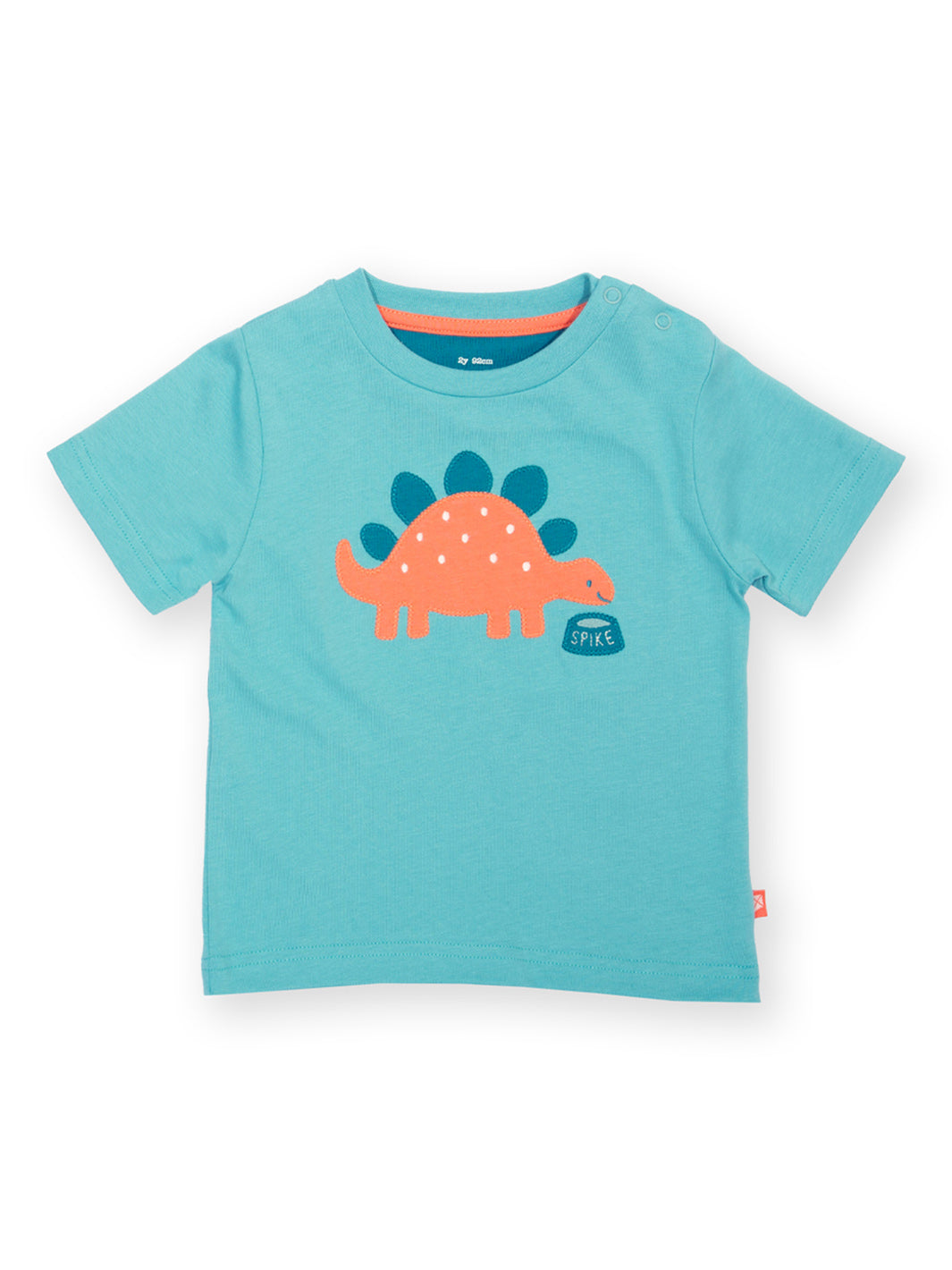 Bright blue children's t-shirt with stegosaurus appliqué on the front 
Made from organic cotton 