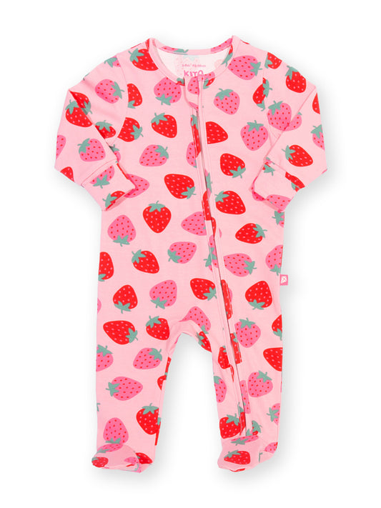 Pink baby onesie with strawberry pattern on a white background

Organic cotton 
Baby clothing 
GOTS Certified fabrics 
New baby gift
Baby shower gift
Kite clothing