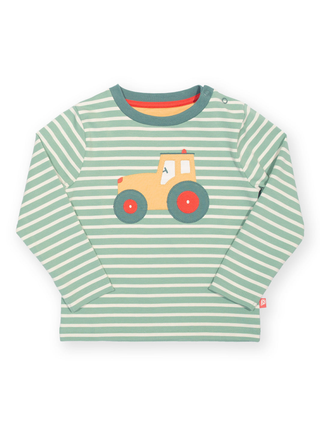 A long-sleeve children's t-shirt with light green and white horizontal stripes, featuring a tractor appliqué on the chest with a yellow cab and red wheels.

Children's clothing 
Organic cotton 
T-Shirt
Tractors 
Farm 
Autumn clothing