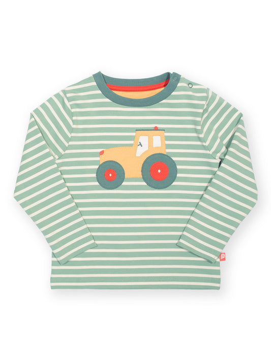 A long-sleeve children's t-shirt with light green and white horizontal stripes, featuring a tractor appliqué on the chest with a yellow cab and red wheels.

Children's clothing 
Organic cotton 
T-Shirt
Tractors 
Farm 
Autumn clothing
