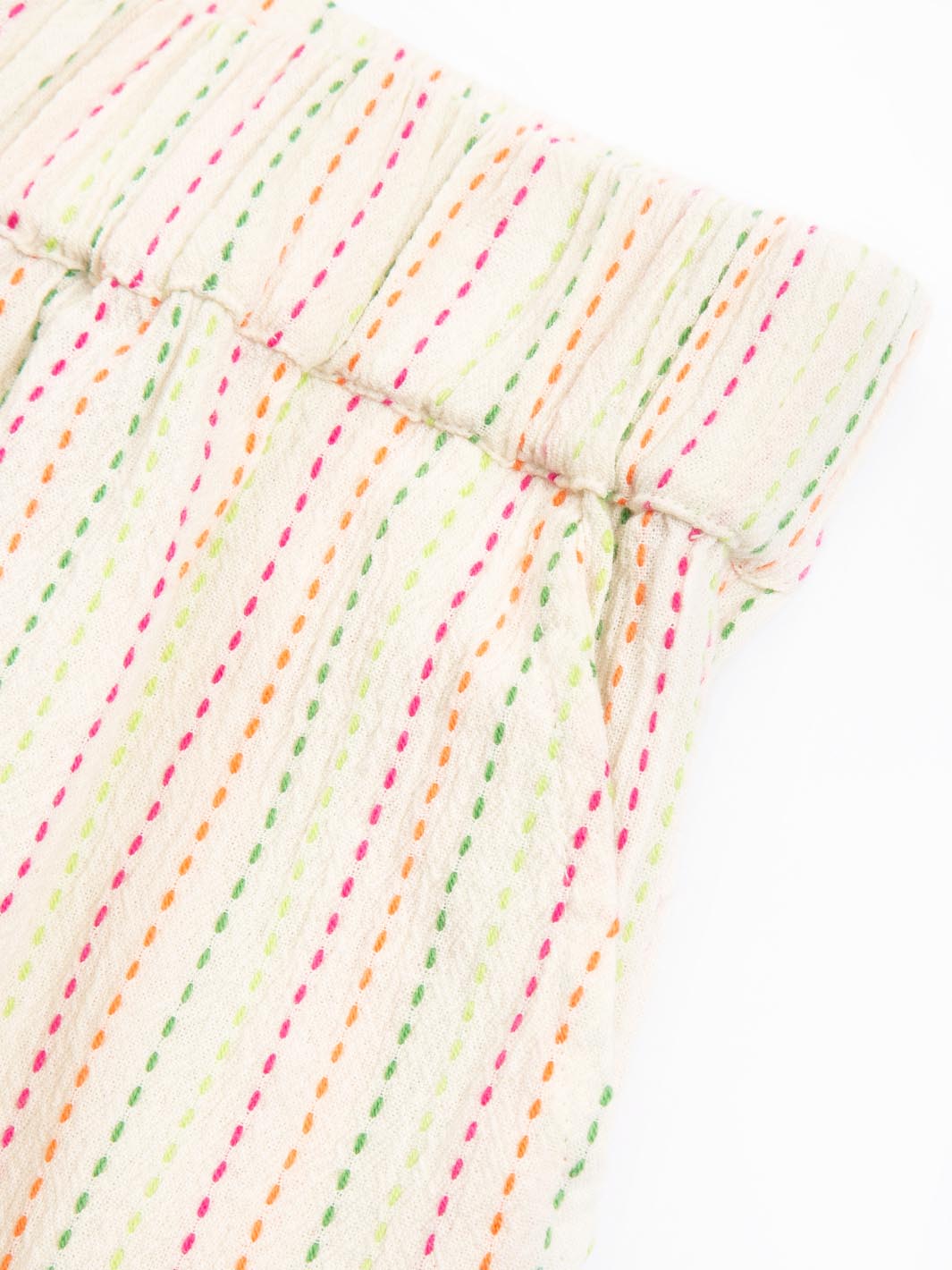 Close-up of a fabric with colourful thread patterns on a white background

Children's clothing 
Kids clothes
Organic cotton 
Stripes 
Trousers
Pull Ups