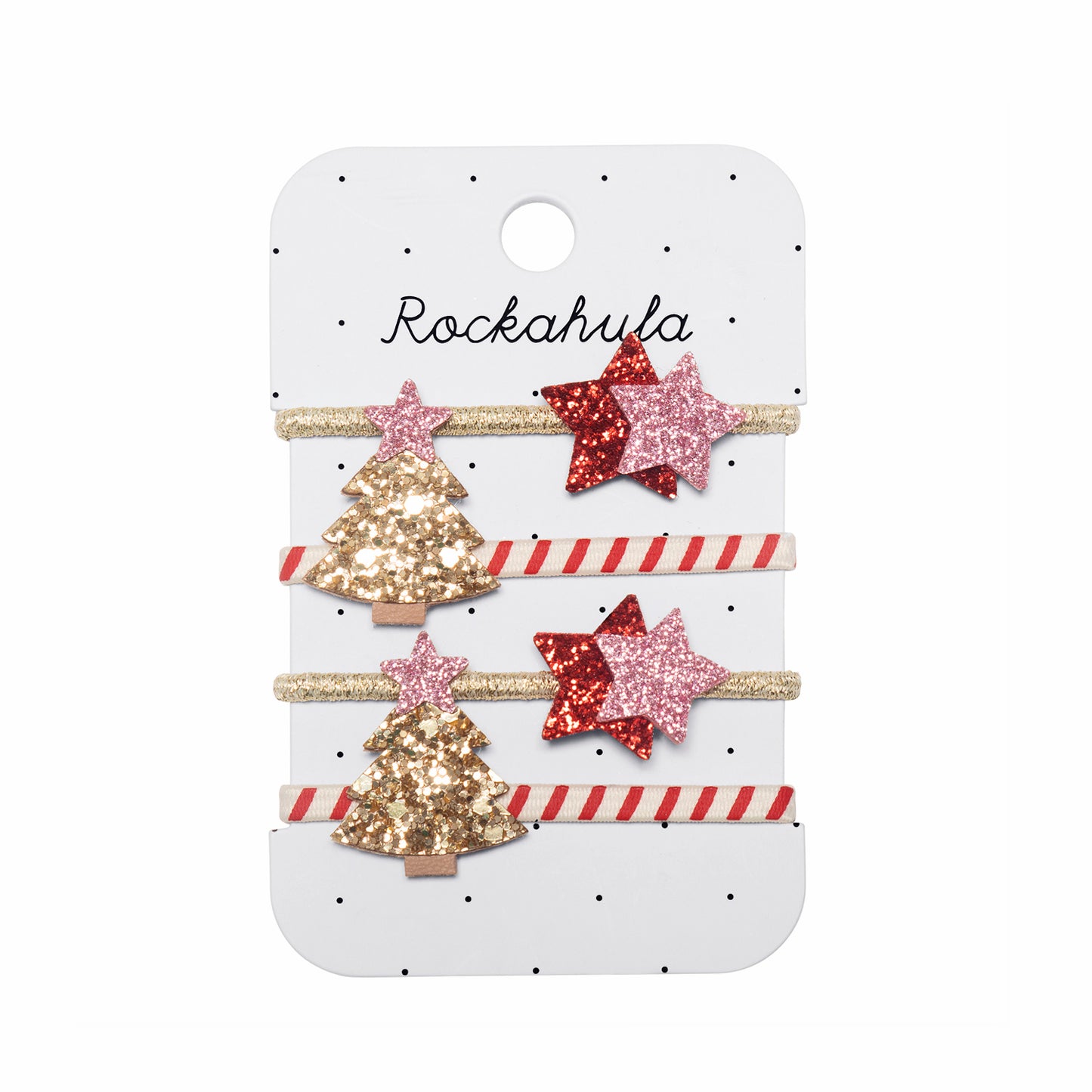 Set of Christmas-themed hair accessories on a Rockahula branded card.
