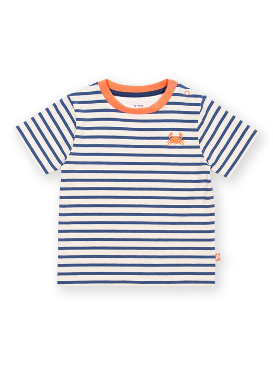Striped t-shirt with a small embroidered crab on a white background

Children's clothing 
Crab 
Stripes 
T-Shirts
Organic cotton 