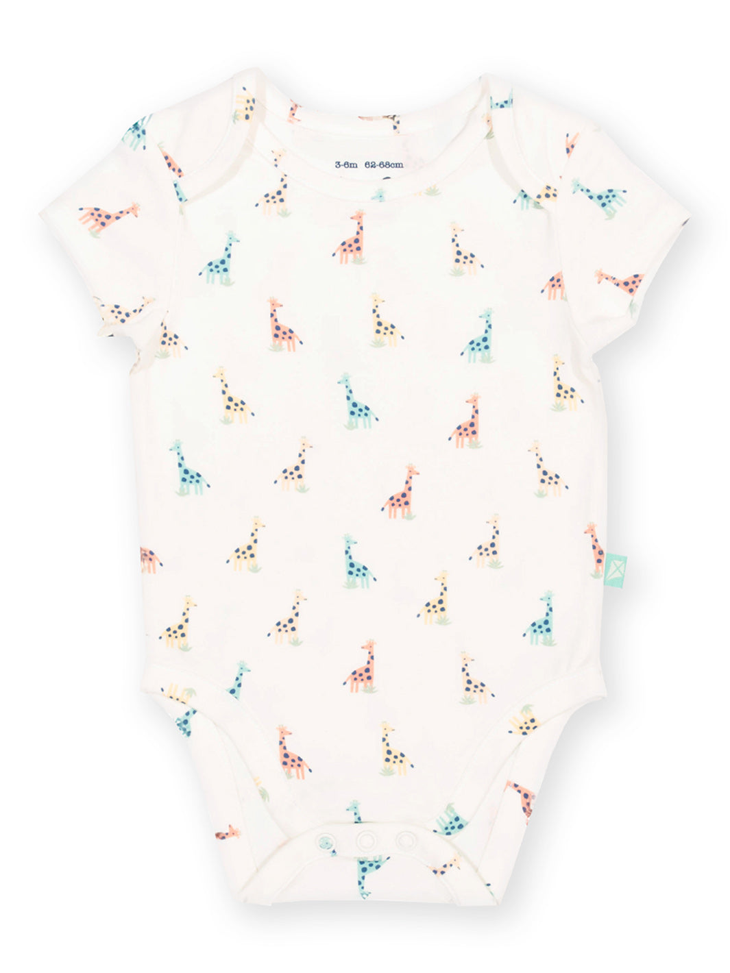 Baby onesie with colourful giraffe print on a white background

Bodysuit
Baby clothing
New baby clothing 
Giraffe 
Organic cotton 
GOTS Certified fabrics 
Kite clothing 
