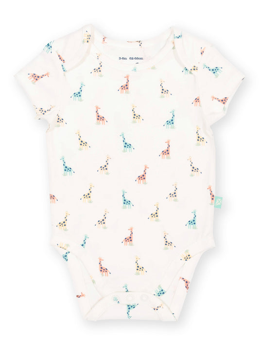 Baby onesie with colourful giraffe print on a white background

Bodysuit
Baby clothing
New baby clothing 
Giraffe 
Organic cotton 
GOTS Certified fabrics 
Kite clothing 