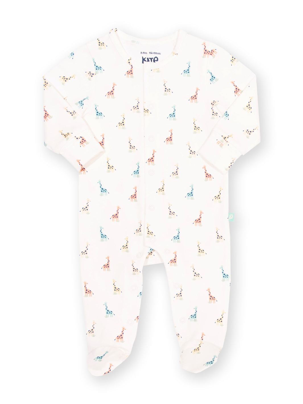 Baby bib with colourful animal pattern on a white background

Baby clothing 
Organic cotton 
Sleepsuit 
Giraffe print 
Kite clothing 
New baby gift