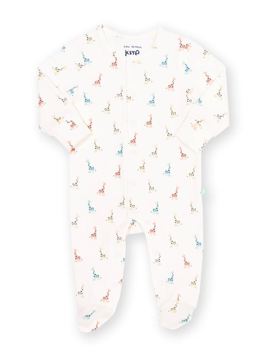Baby bib with colourful animal pattern on a white background

Baby clothing 
Organic cotton 
Sleepsuit 
Giraffe print 
Kite clothing 
New baby gift