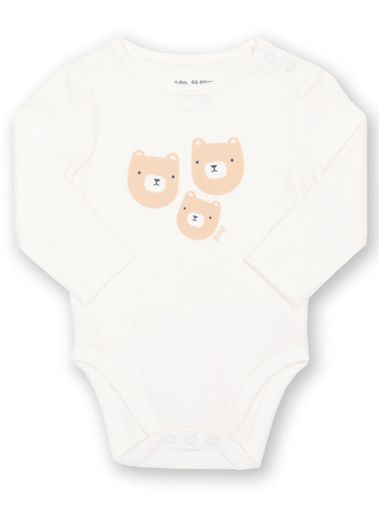 White baby bodysuit with bear face designs on a white background