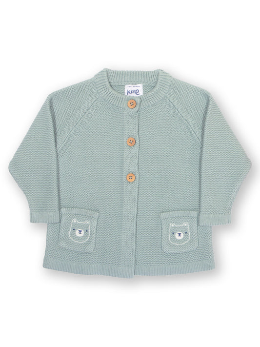 Light blue baby cardigan with embroidered bears on the pockets