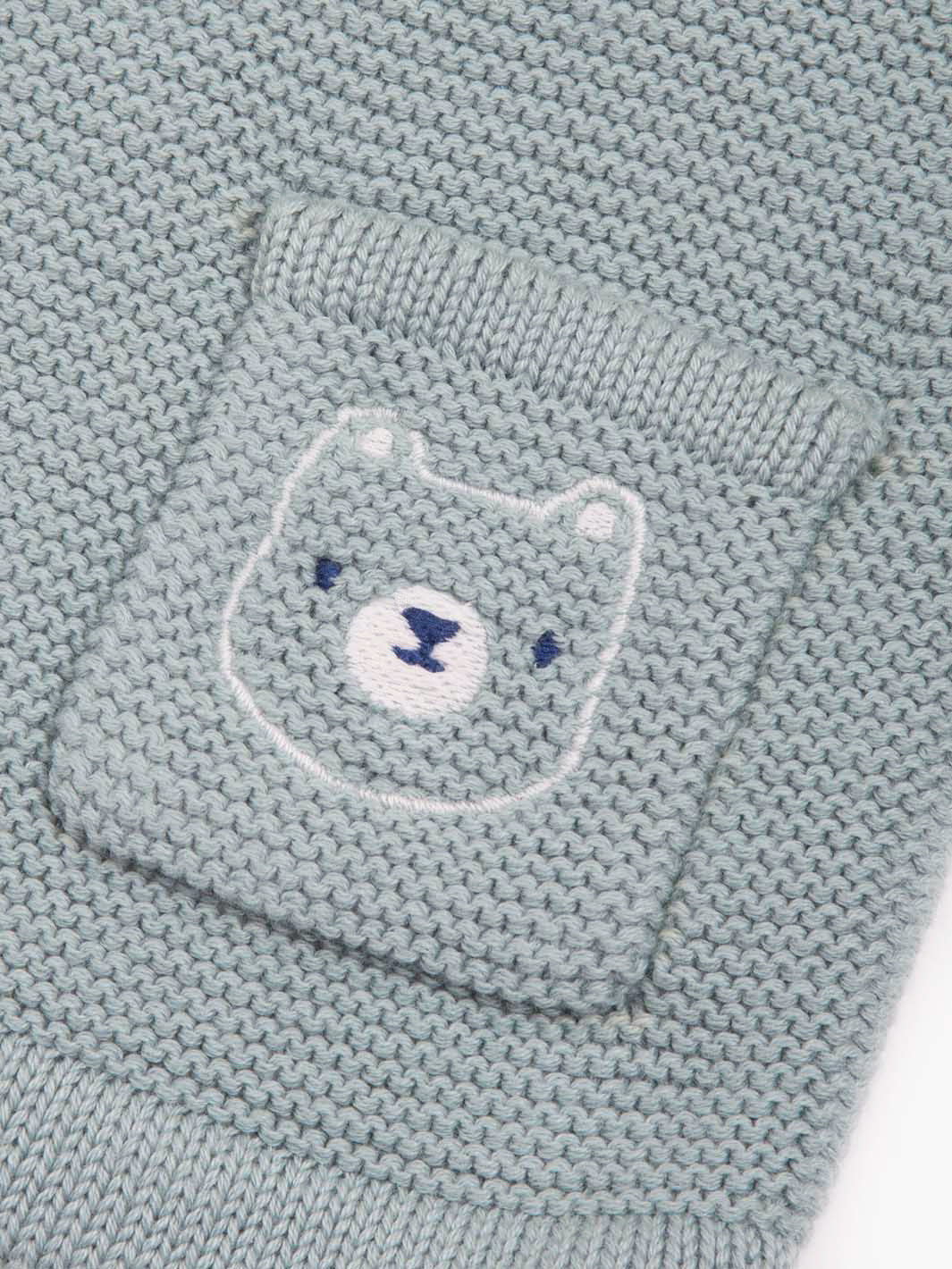 Embroiled bears on our Three Bears Cardi 
Light blue baby cardigan made from organic cotton 