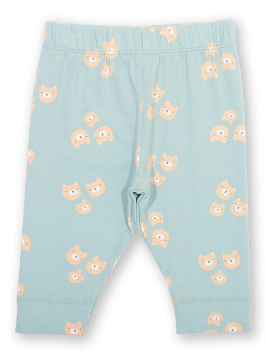 Light blue baby leggings with bear pattern on a white background