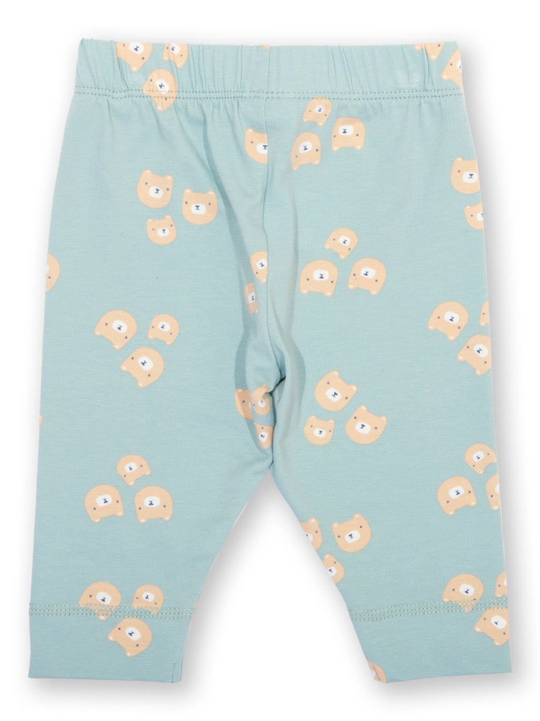 Light blue baby leggings with bear pattern on a white background