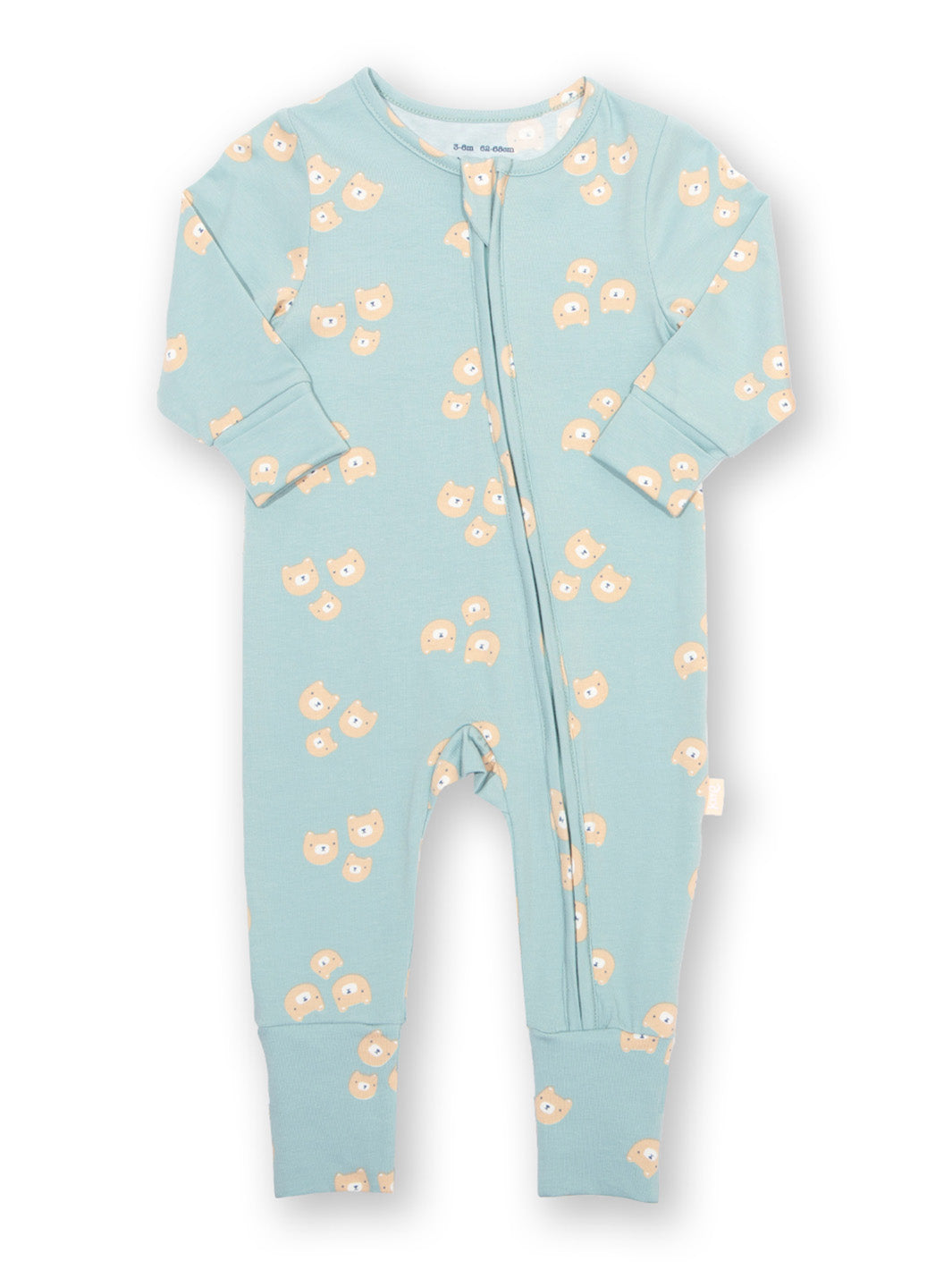 Light blue baby onesie with cute bear print on a white background