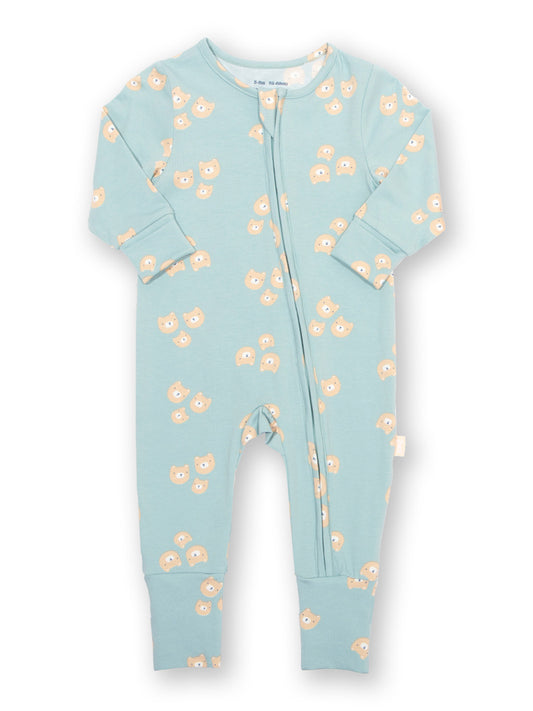 Light blue baby onesie with cute bear print on a white background