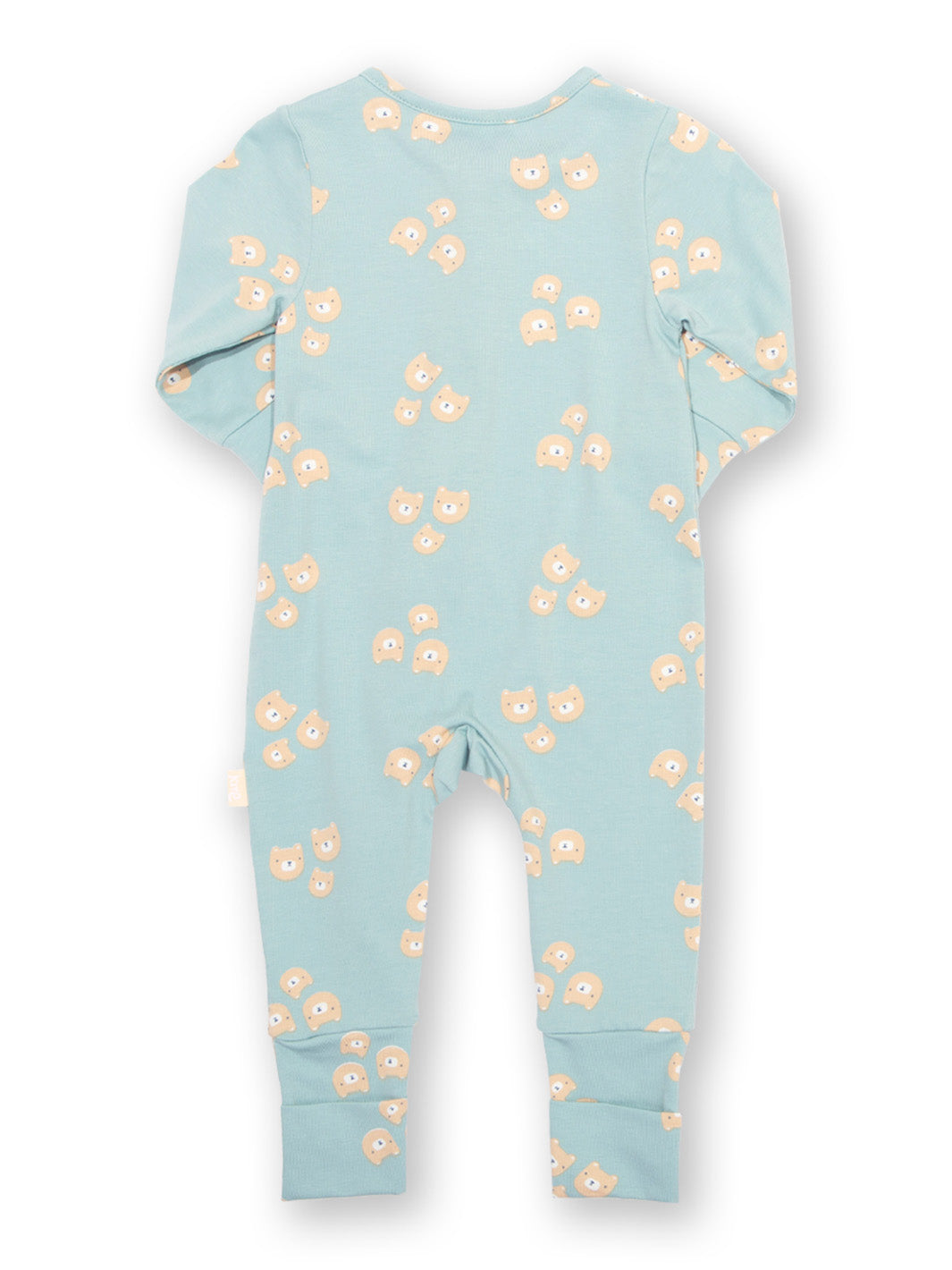 Light blue baby onesie with bear pattern on a white background
