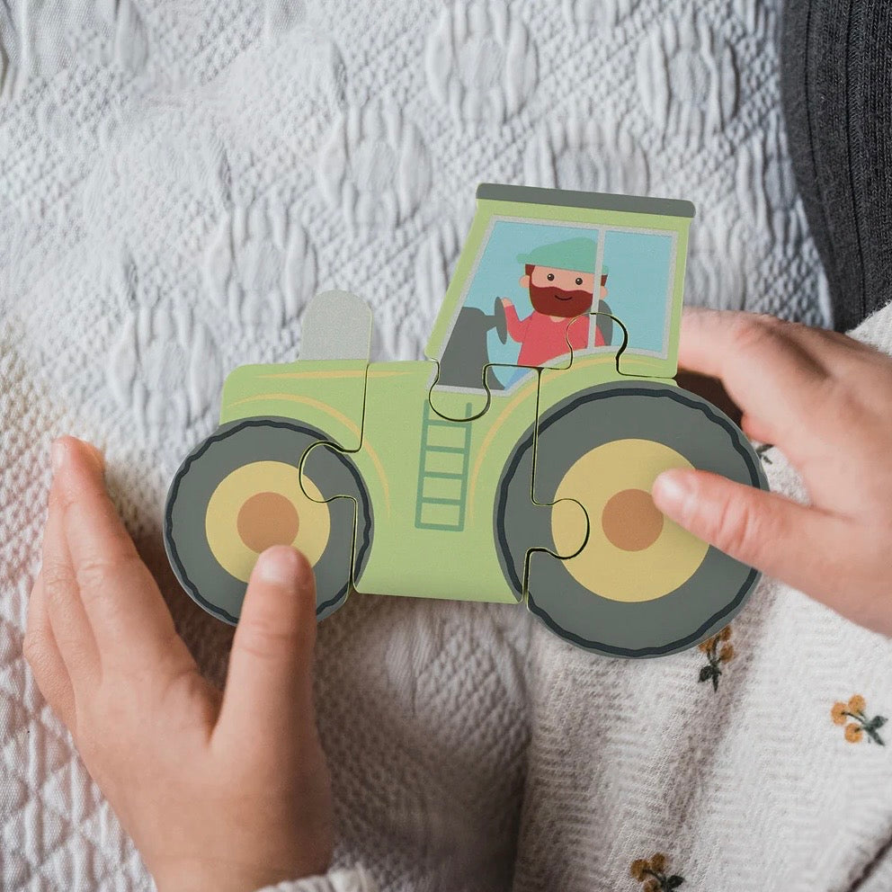 Lifestyle image showing our mini puzzle in Tractor 