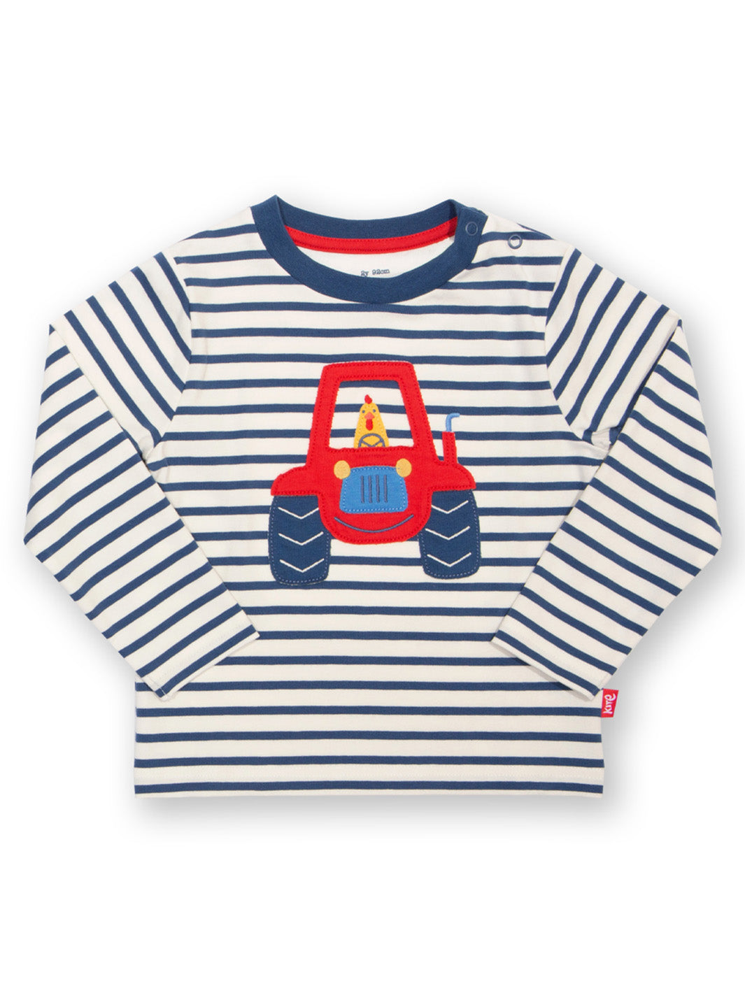 Striped long-sleeve shirt with a red tractor design on a white background